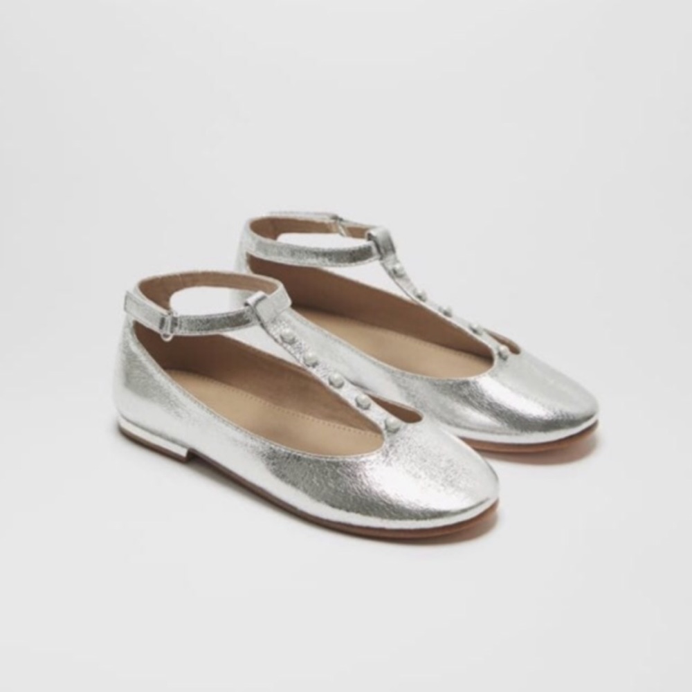 Zara girls silver metallic pearl ballerinas flats